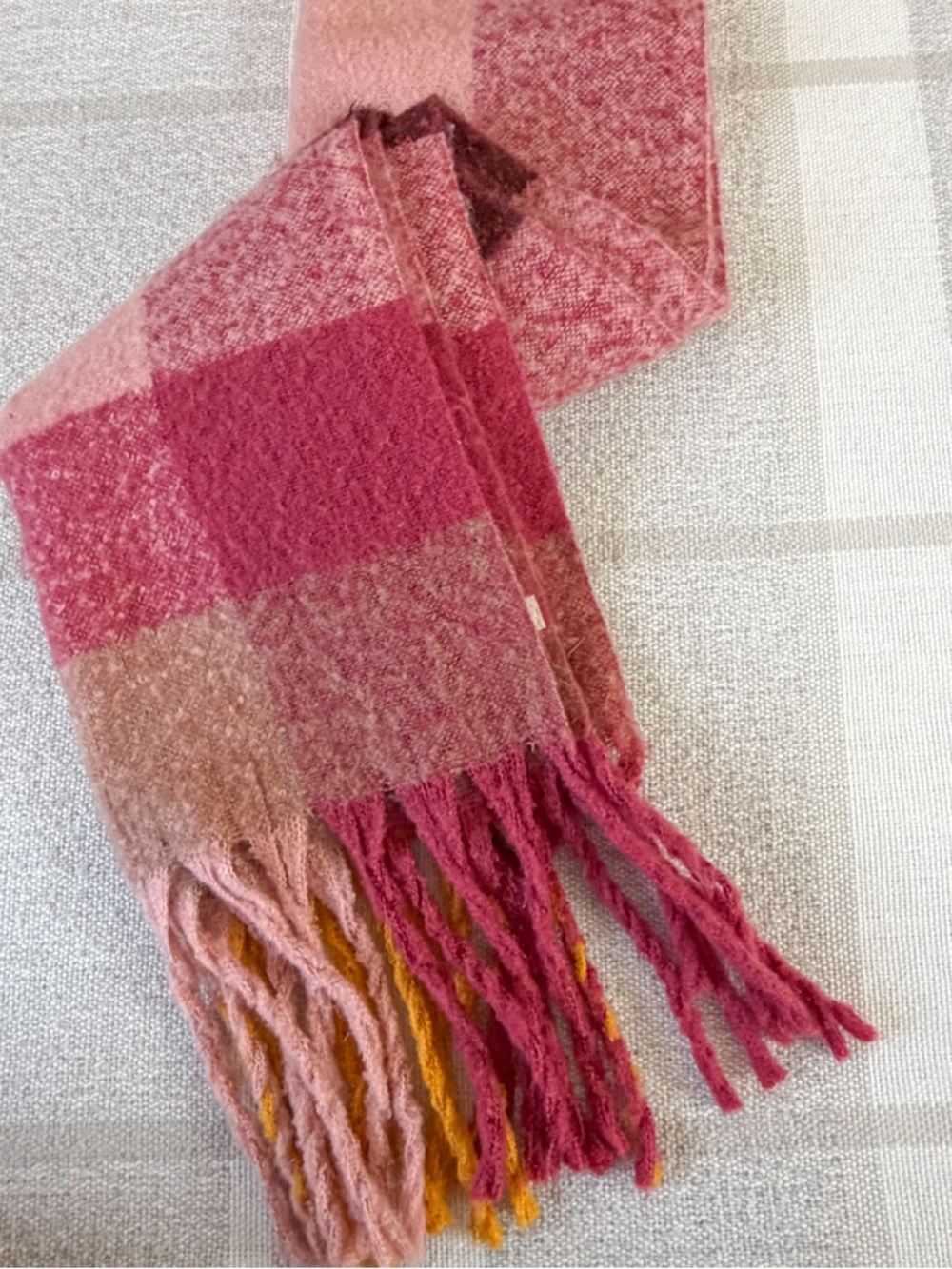 Pink Plaid Scarf Fringe Cozy Fall Winter Scarf Soft Oversized Wrap Blush Mustard